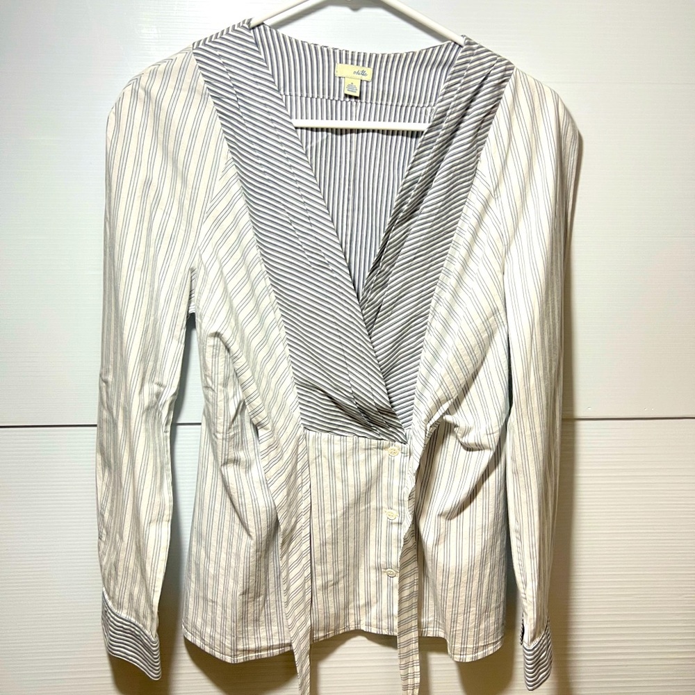 ANTHROPOLOGIE ODILLE Multi Colored Pleats Tie V Neck Long Sleeve Blouse Size 8